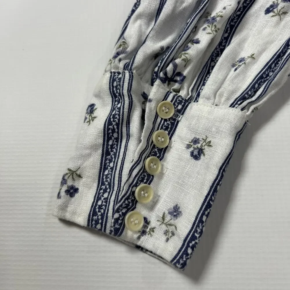 Reformation Linen Smocked Back Puff Sleeve Top Size 2 White Blue Floral USA